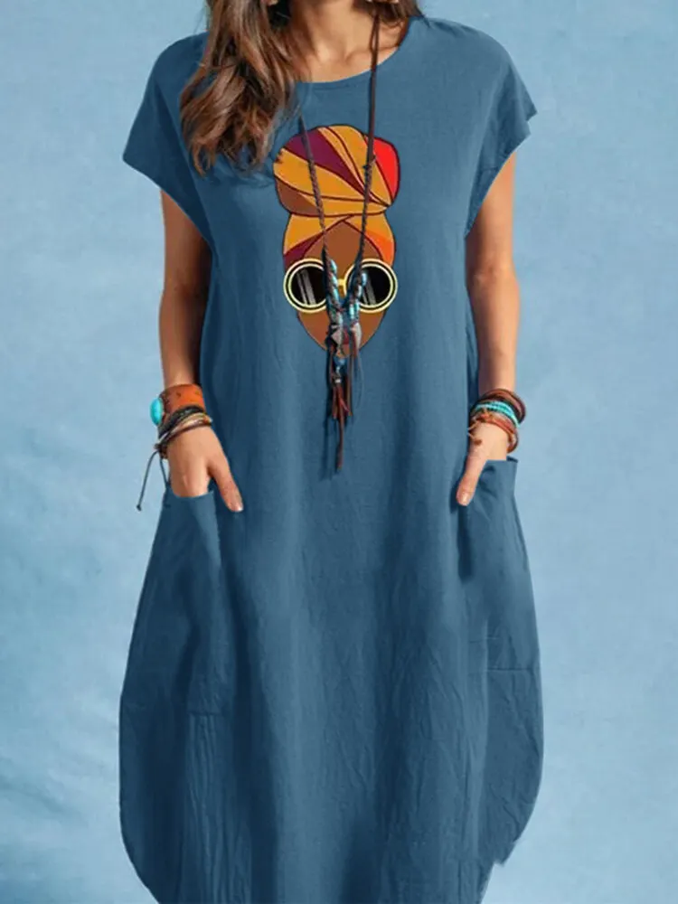 Portrait Print Pocket Short Sleeve Crew Neck Vintage Dress