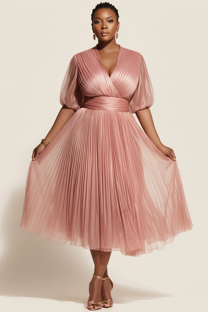 Xpluswear Design Plus Size Wedding Guest Pink Wrap Neck Short Sleeve Pleated Tulle Midi Dresses 2024 - Xpluswear