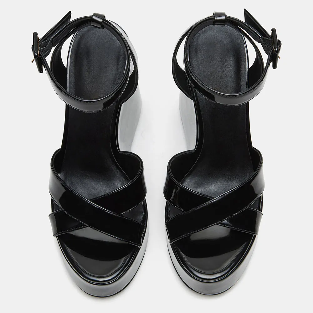Black Patent Leather Ankle Strap Open Toe Platform Wedge Sandals