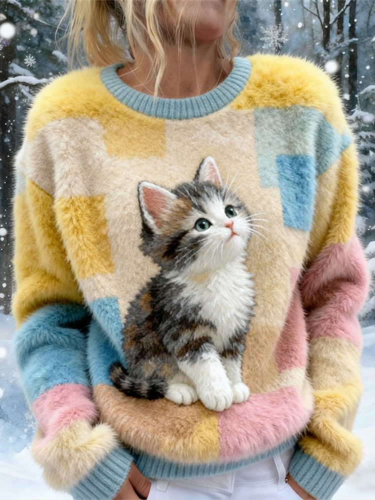 Winter Cute Cat Colorful Block Design Women's Soft Plush Sweater elevenforest