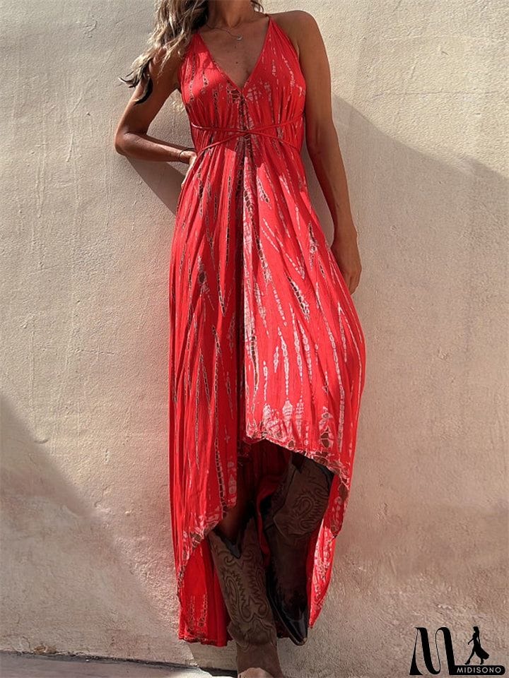 MidiSono - Boho Style Lady Sexy Big Swing Spaghetti Strap Dress