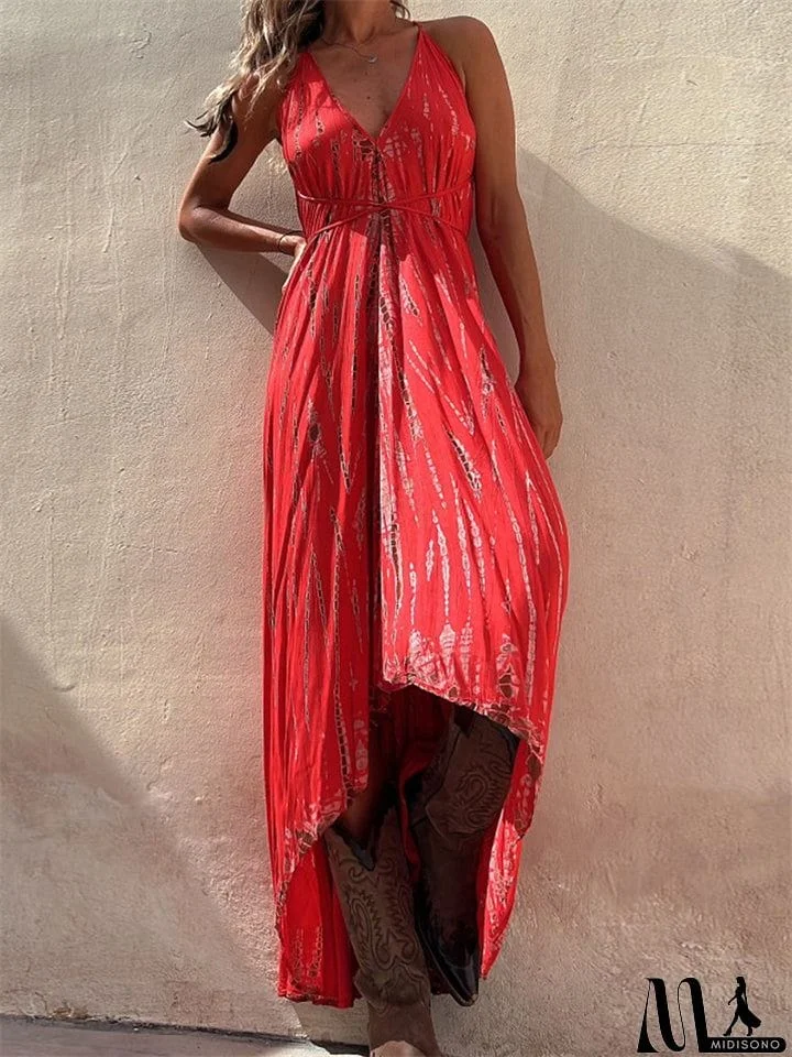 MidiSono - Boho Style Lady Sexy Big Swing Spaghetti Strap Dress
