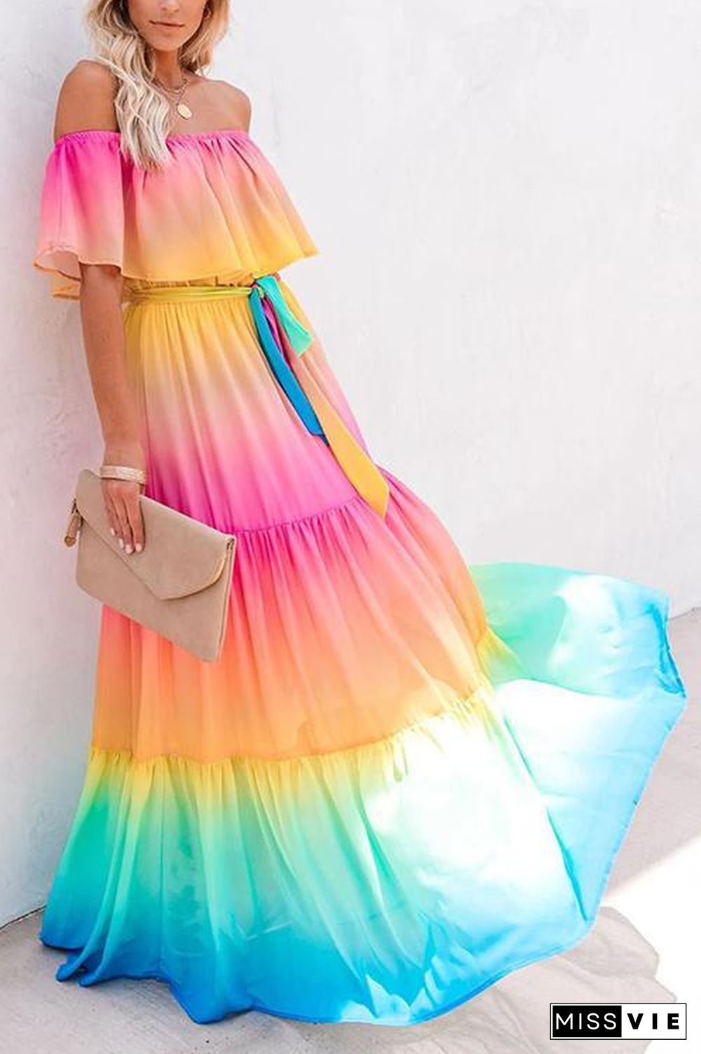 Gradient Off Shoulder Belted Maxi Dress