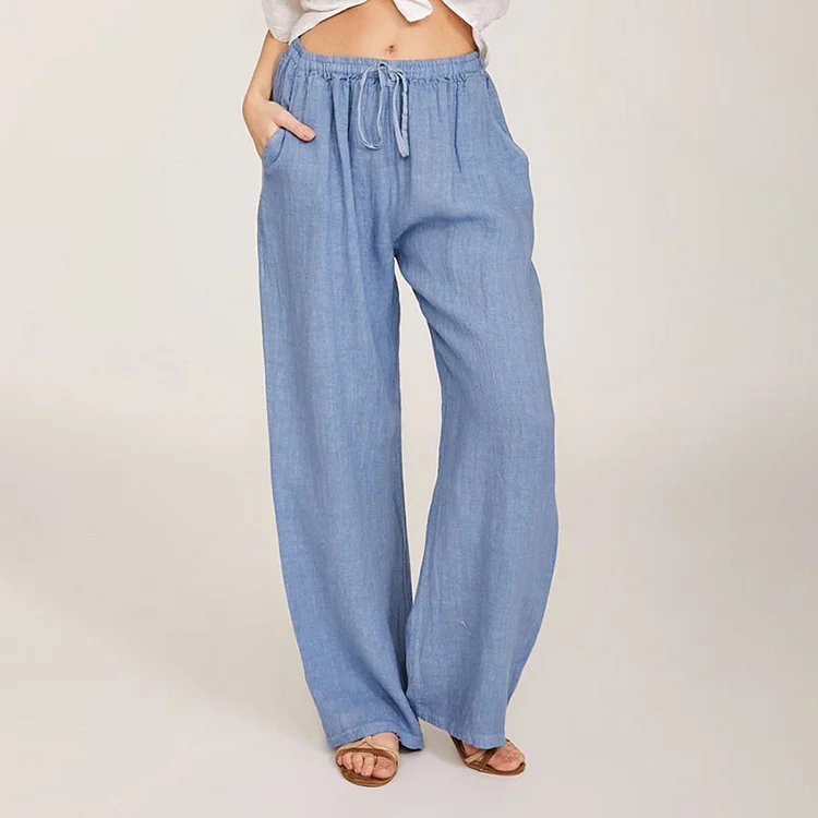 VChics Casual Solid Color Drawstring Pockets Wide Leg Pants