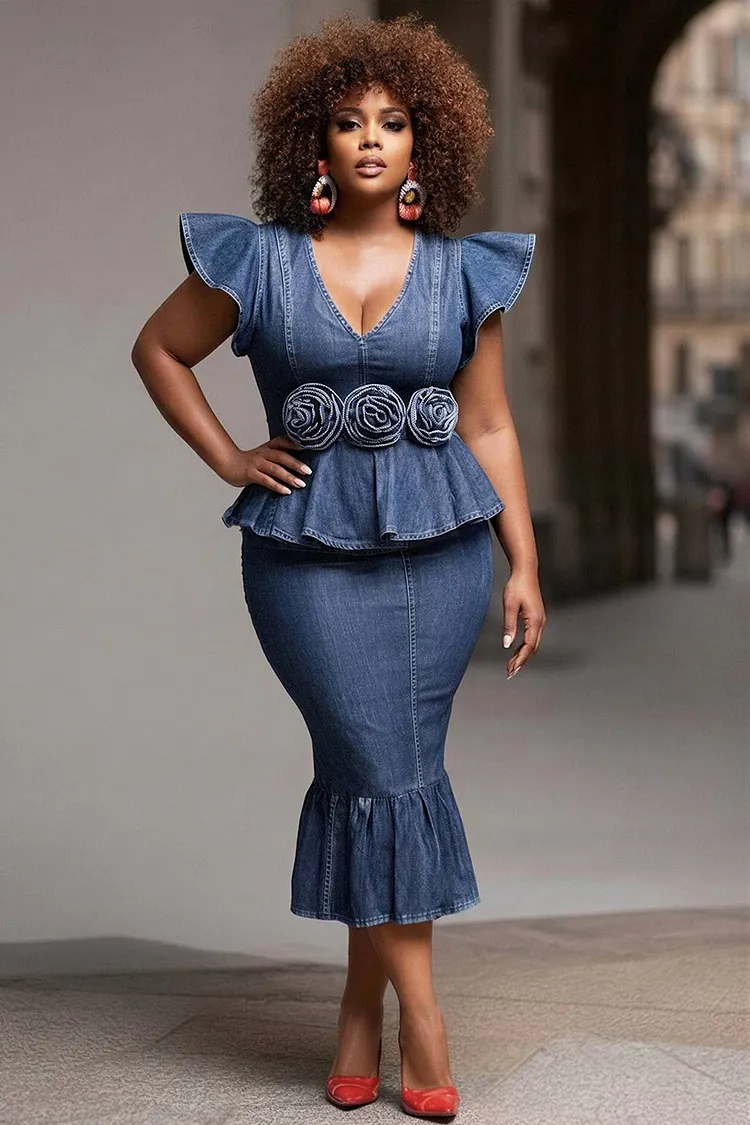Xpluswear Design Plus Size Business Casual Blue V Neck Flutter Sleeve Short Sleeve 3D Bodycon Tencel Denim Two Piece Skirt Sets [Pre-Order] 2024 - Xpluswear