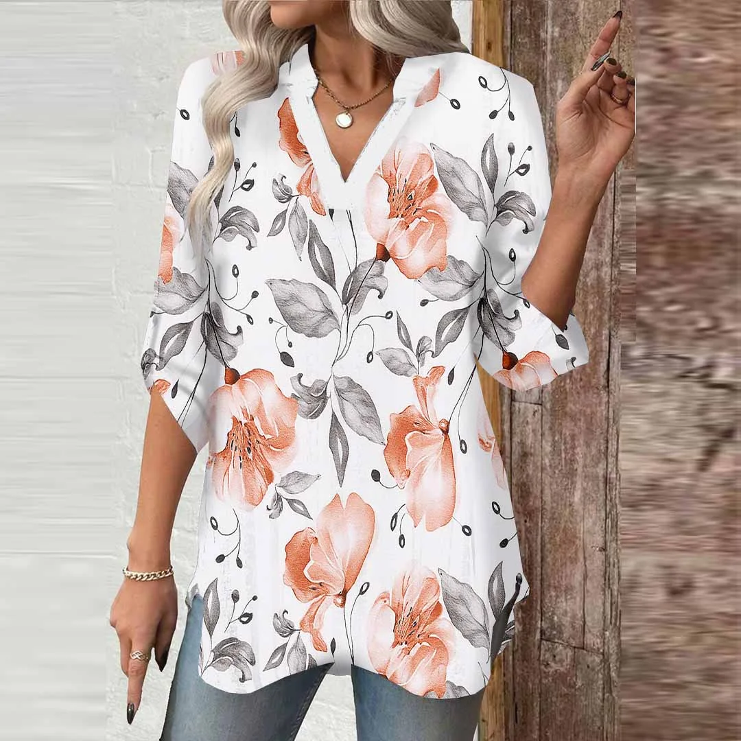 Women Floral,Pink,Grey DZGA0717 3/4 Sleeve V-neck Printed Graphic Button Tops
