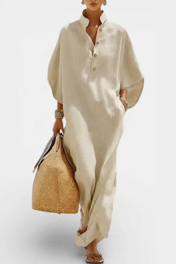 Mandarin Collar Linen Maxi Dress with Flowing Dolman Sleeves