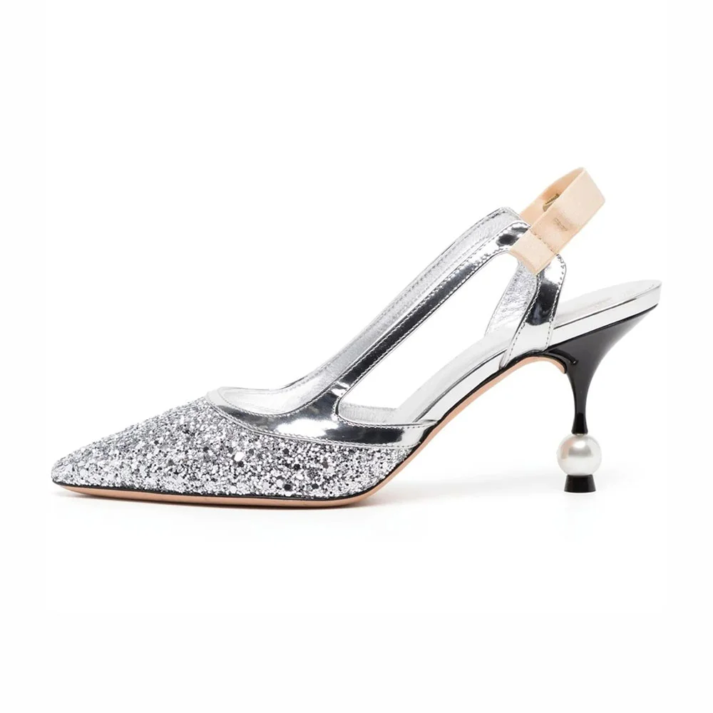 Silver Glitter Sculptural Heel Slingback Pumps Shoes with Pearl