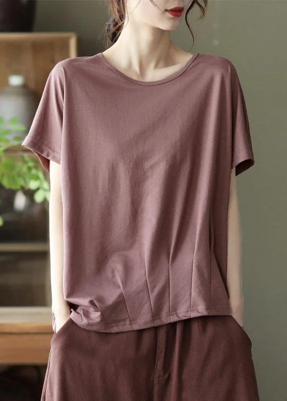 Bohemian Brick Red asymmetrical design O-Neck Patchwork Summer Cotton Shirts