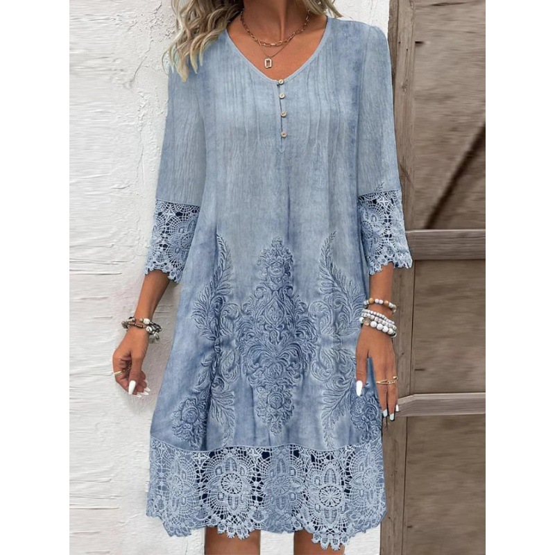 Karastik 2025 New Women's Spring Summer Solid Color Sexy Hollow Fashion Lace Lace Printed Casual Five Sleeve Knee Length Dress