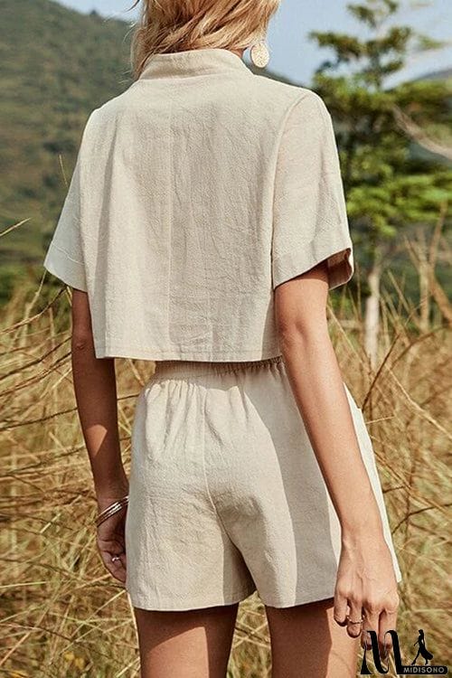 MidiSono - V Neck Crop Blouse Pockets Shorts Set