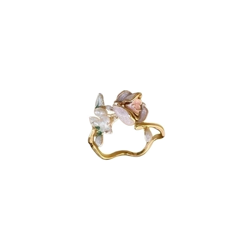 Sweet Flower Metal Plating Inlay Pearl Zircon Gold Plated Women’s Open Ring