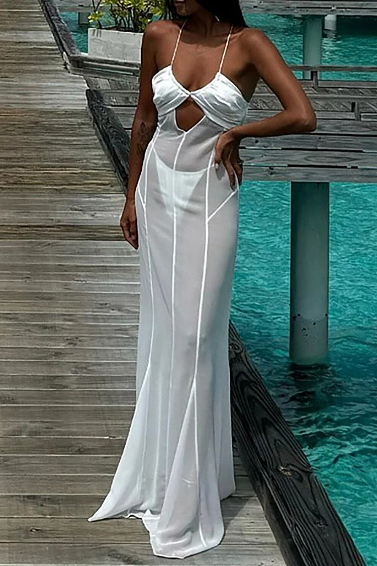 V Neck Cutout See Through Slim Fit Lace Up Backless Slip Maxi Dresses-White