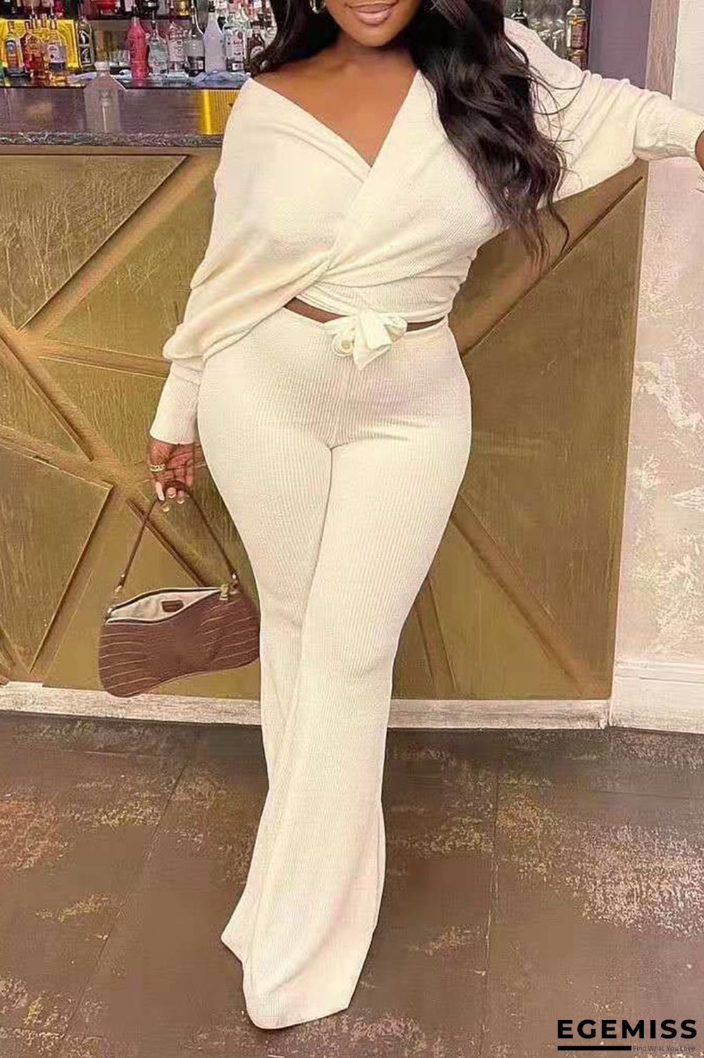 White Casual Solid Bandage Patchwork V Neck Long Sleeve Two Pieces | EGEMISS