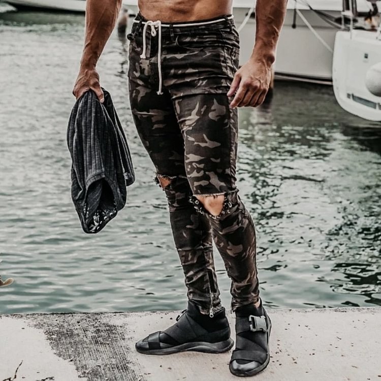Camouflage Distressed Slim-Fit Trousers