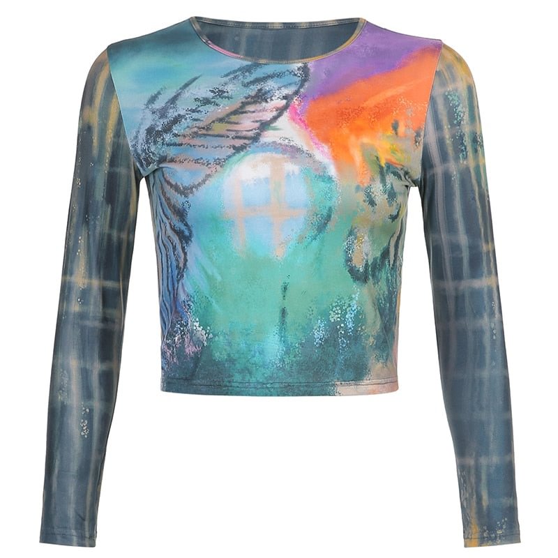 Rapcopter Vintage Print T Shirt Long Sleeve y2k Crop Top O Neck Harajuku Tee Tops Women Korean Basic Tee 90s Fashion Pullovers