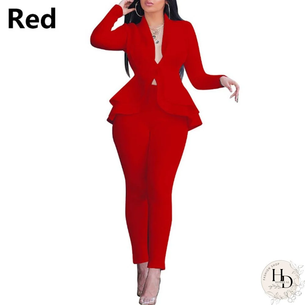 Women's Solid Color Suit Set Office Outfits Work Blazer Jacket Pants Business Ruffle Formal