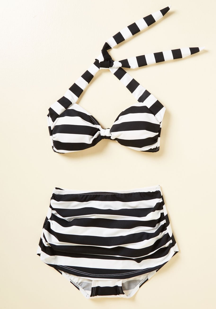 Bathing Beauty High-Waisted Bikini Bottom in Black Stripes