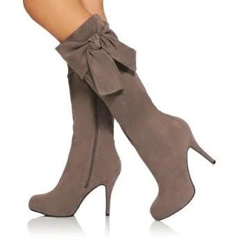 Brown Suede Knee High Boots with Side Bow and Stiletto Heel Vdcoo