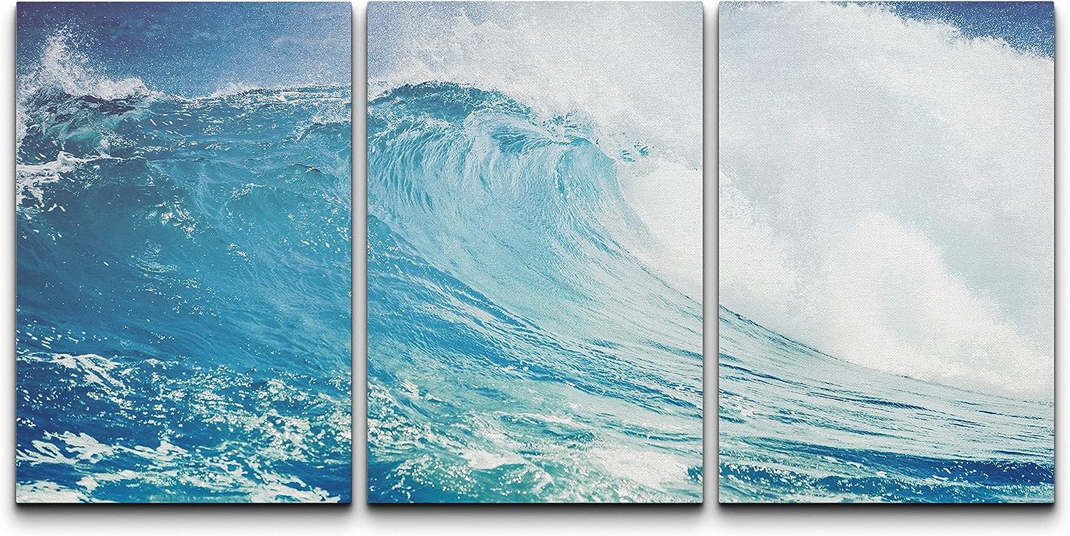 wall26 Canvas Print Wall Art Set Blue Beach Waves Rip Curls Nature Wilderness Photography Realism Rustic Landscape Colorful Multicolor Ultra for Living Room, Bedroom, Office - 16 inch x24 inch x3 24&#034; x 16&#034; x 3 Panels