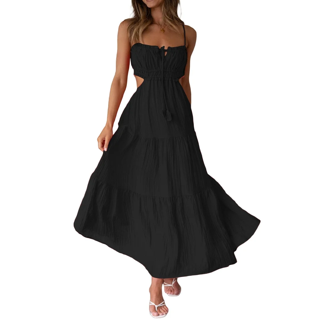 Toloer Ruched Tie-Up Strappy Maxi Dress-Outfit Ideas