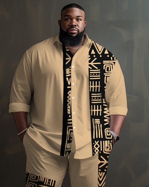 Big Guys Tribal Print Patchwork Long Sleeve Shirt 2-Piece Set