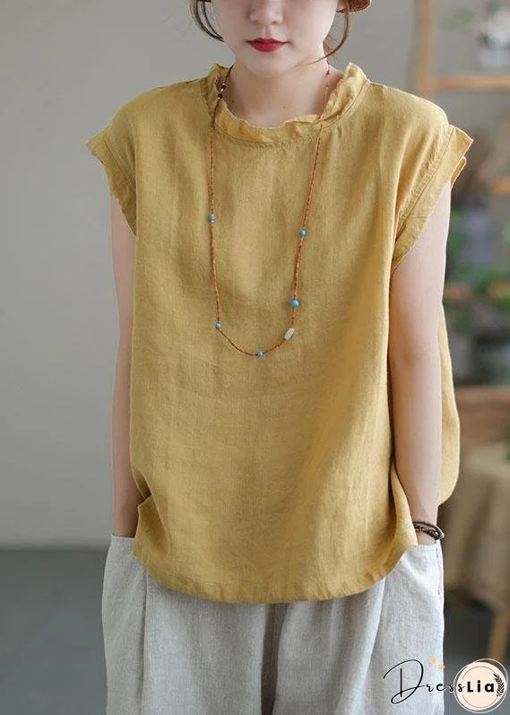 Yellow Drawstring Patchwork Summer Linen Tank Sleeveless
