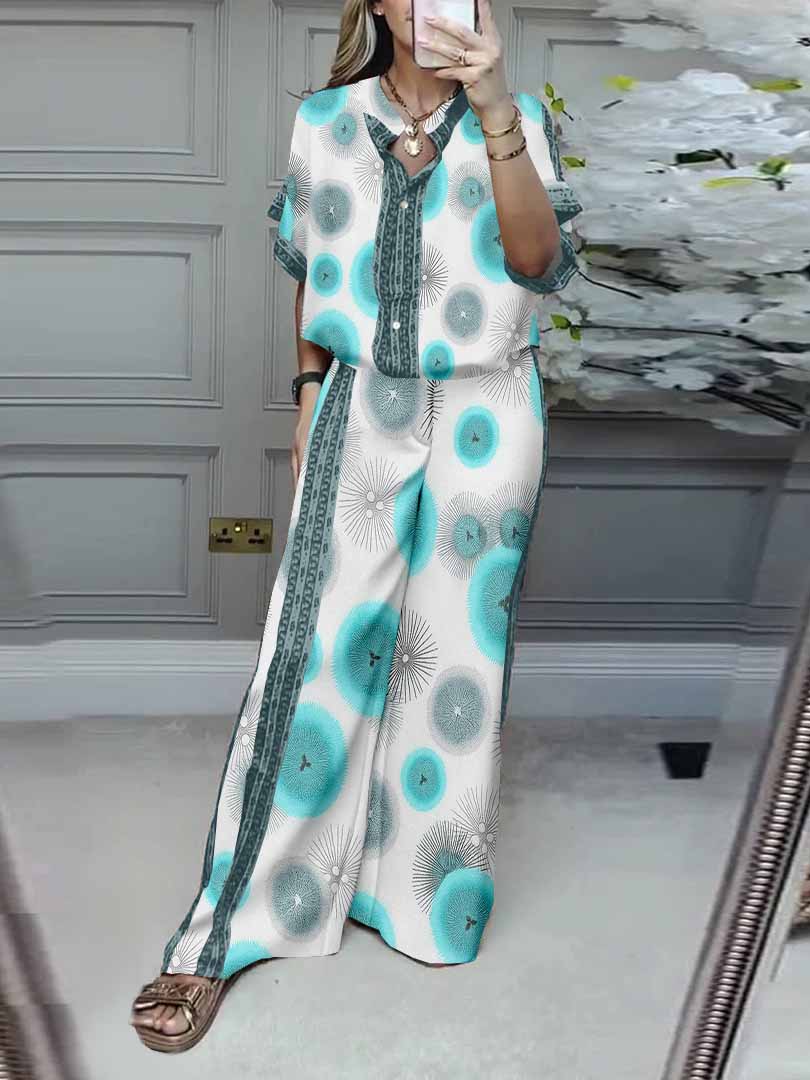 Women Floral,Blue,Gray DZDL1123 V-neck Short Sleeve Blouse and Pants Set