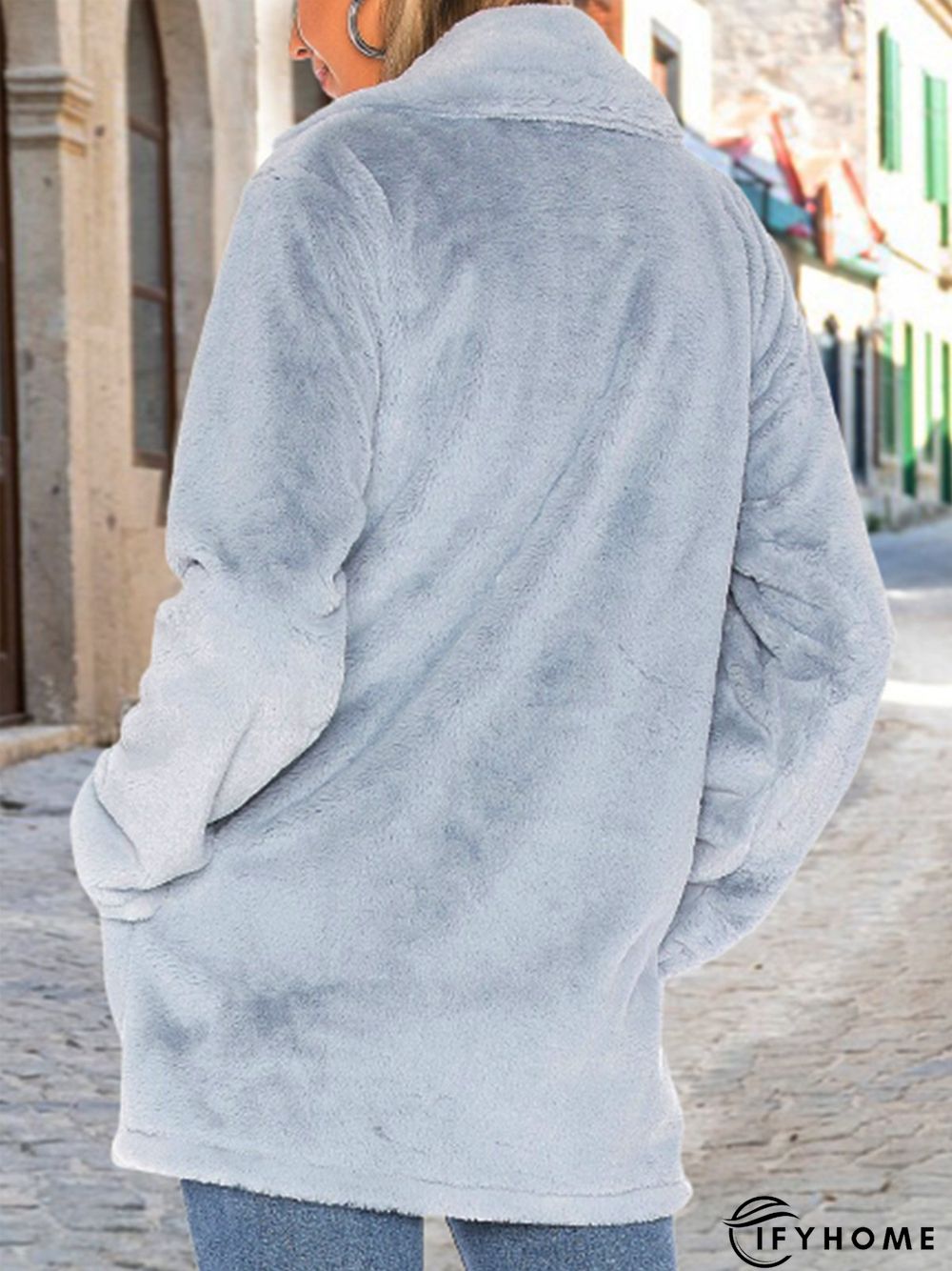 Plain Long Sleeve Lapel Collar Casual Fluff Coat | IFYHOME