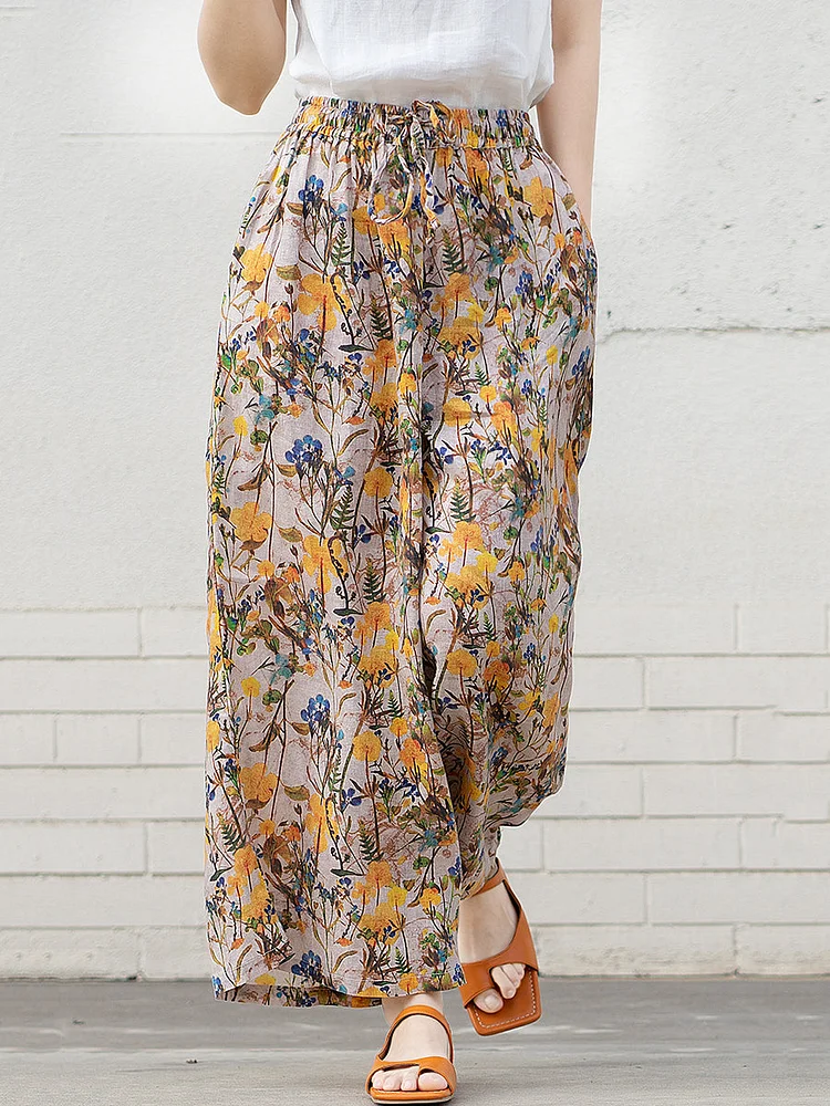 Women Spring Artsy Floral Print Wide-leg LinenPants