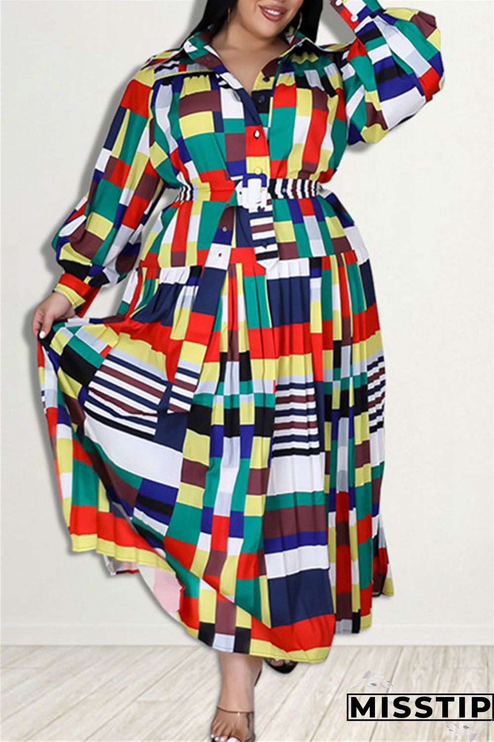 Red Fashion Casual Basic Turndown Collar Long Sleeve Plus Size Dresses
