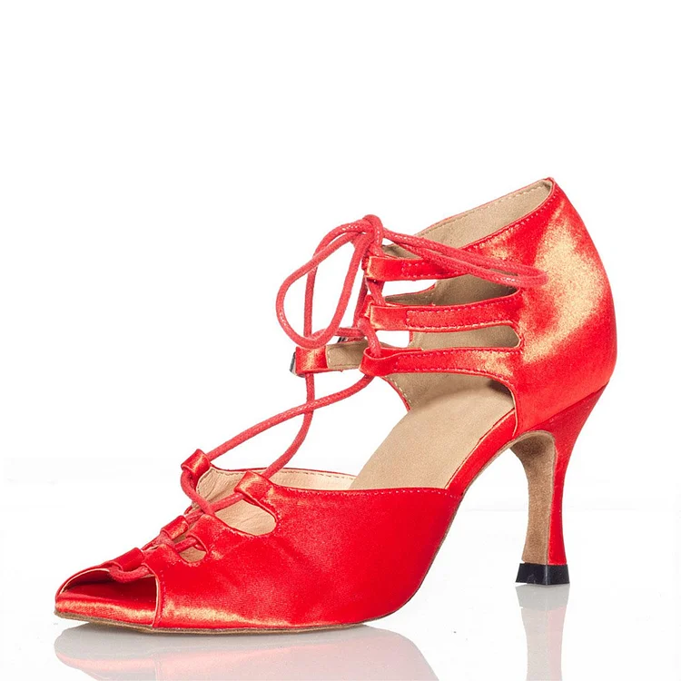 FSJ Red Satin Peep Toe Vintage Lace Up Heels for Women |FSJ Shoes
