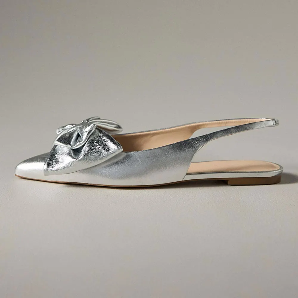 Silver Metallic Finish Pointed Toe Bow Decor Slingback Flats