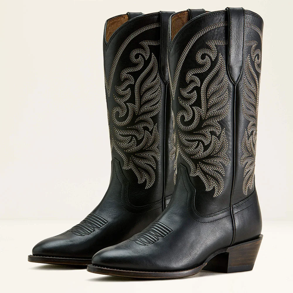 Black Round Toe Chunky Heel Mid Calf Western Boots with Embroidered