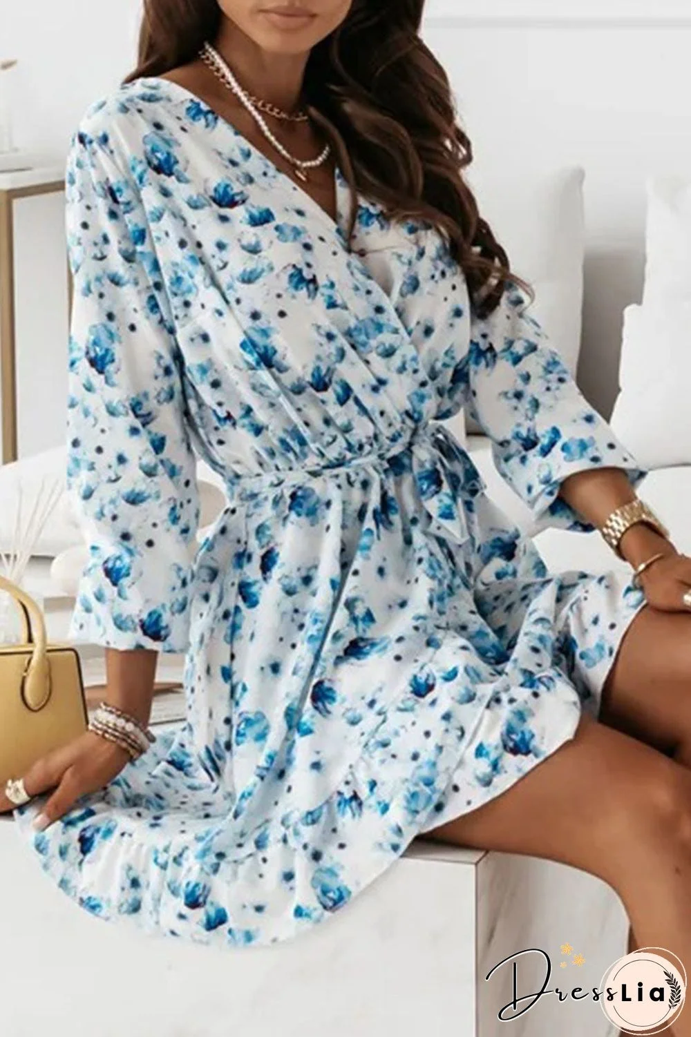Fashion Street Print Split Joint V Neck A Line Dresses