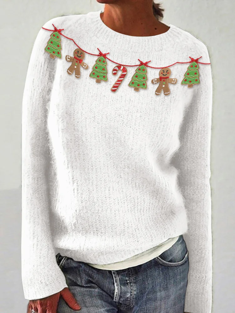 Women's Christmas Tree Gingerbread Embroidery Art Knitted Casual Sweater