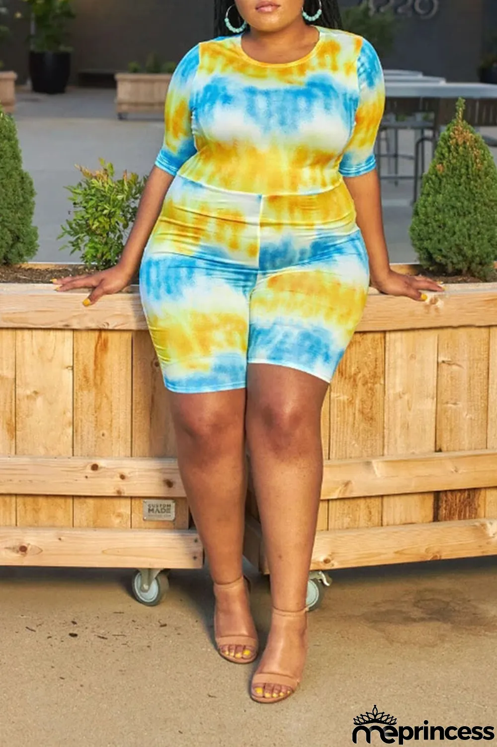 Yellow and blue Cotton England O Neck Print Tie Dye Pattern Plus Size