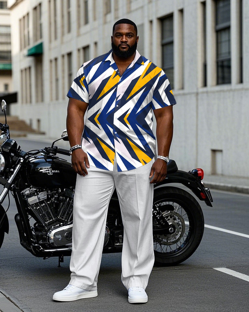 Men's Plus Size White & Blue & Yellow & Geometric Business Daily Casual Short Sleeve Shirt Trousers Suit