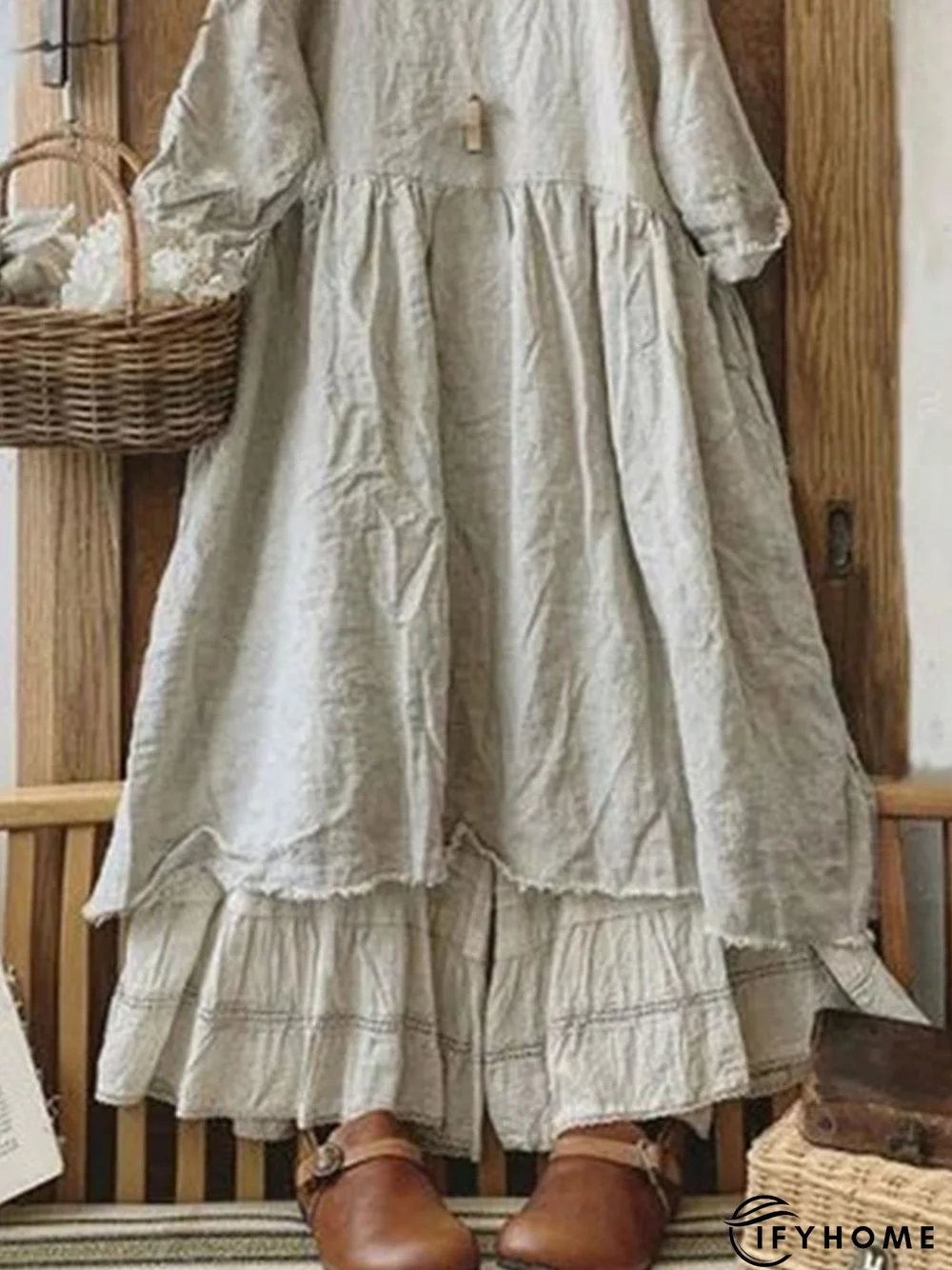 Vintage Plain Plus Size Long Sleeve Casual Weaving Dress | IFYHOME