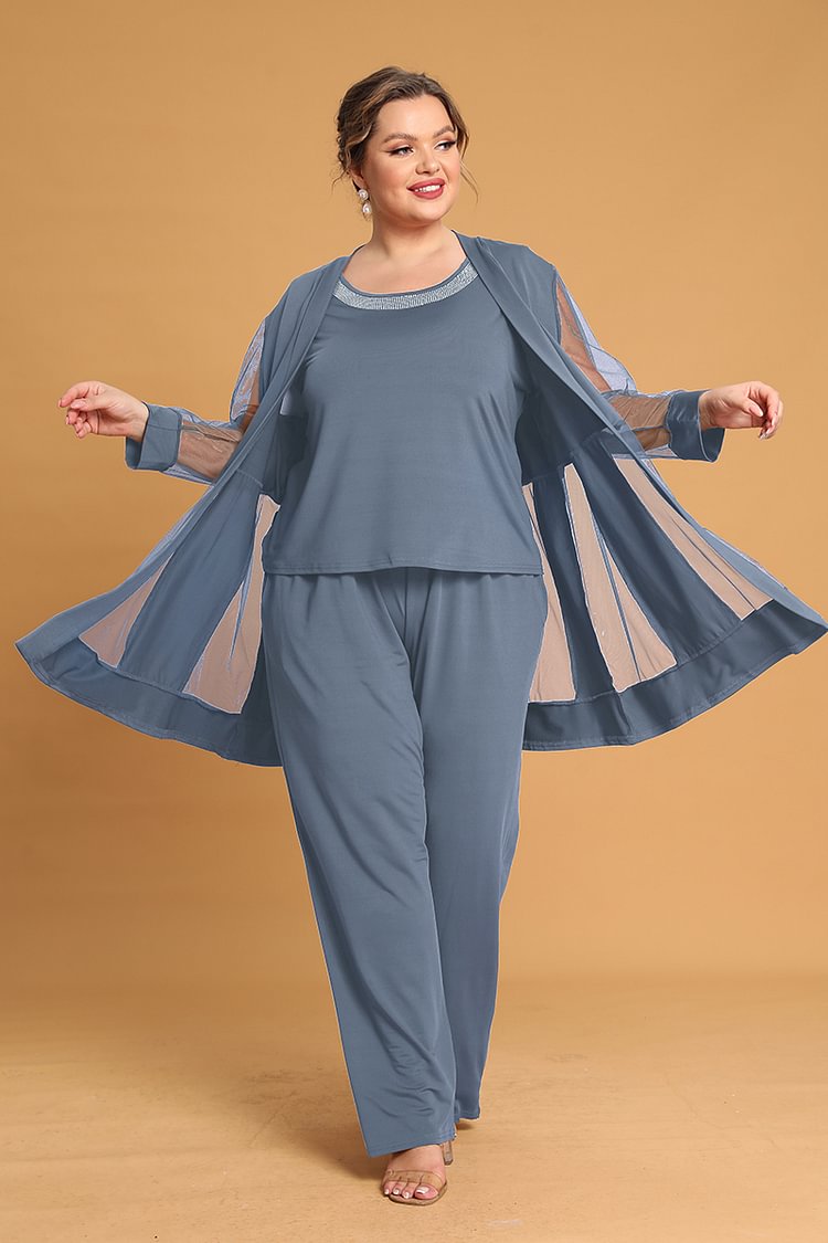 Flycurvy Plus Size Mother Of The Bride Haze Blue Mesh Sleeve Formal Three Pieces Set Pant Suits FlyCurvy flycurvy [product_label]