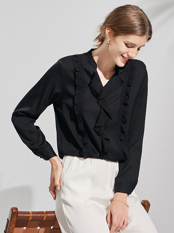 Black Silk Blouse Simple Solid Ruffled Trim Style