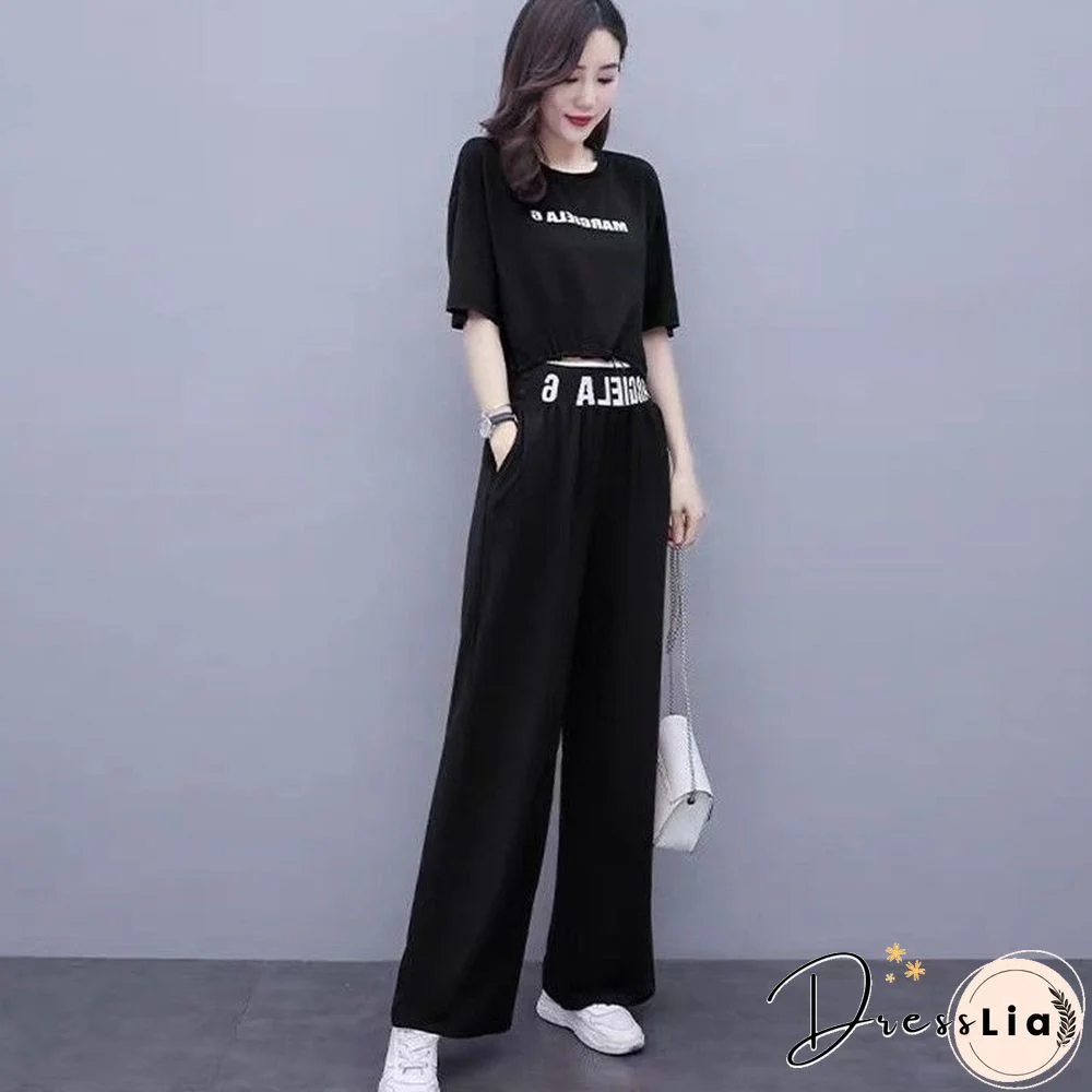 Leisure Sweat Suits Women Matching Summer New Fat Sister Loose Foreign Style Top Wide Leg Pants Two Piece Set Plus Size Clothing