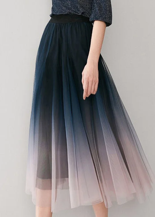 Gradient Color Blue Pink Colour Elastic Waist Tulle A Line Skirts Fall