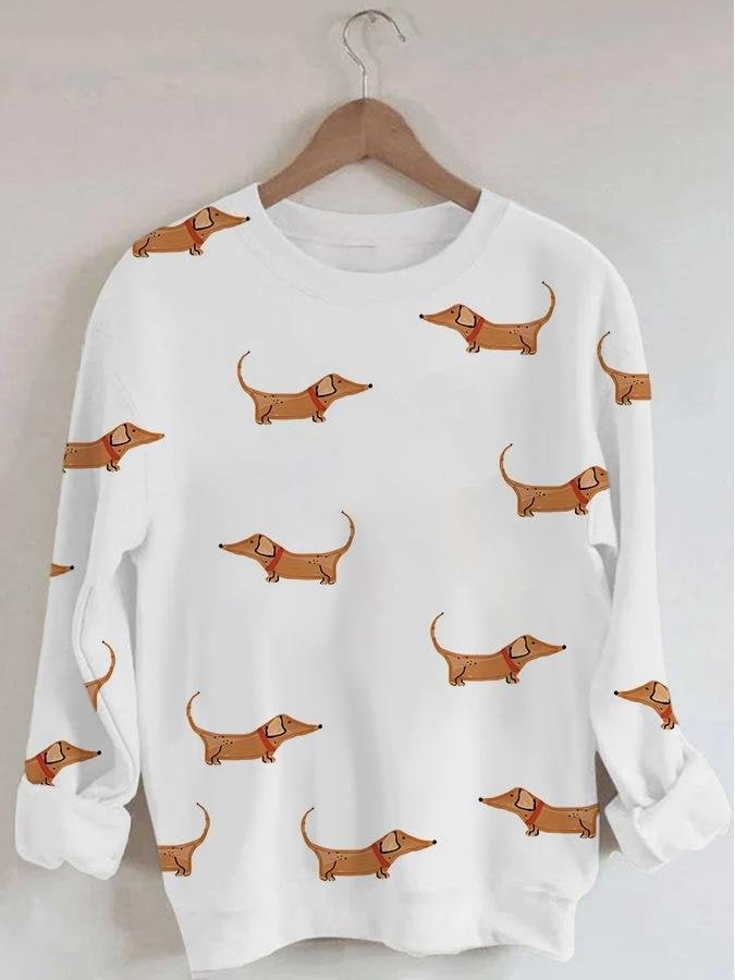 Women's Cute Dachshund Print Long Sleeve Round Neck Sweatshirt