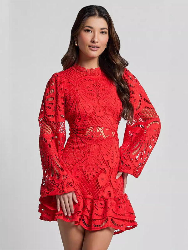 Mature Women Lapel Lantern Long Sleeve Waist Gown Short A-line Ruffle Hollow Lace Dresses