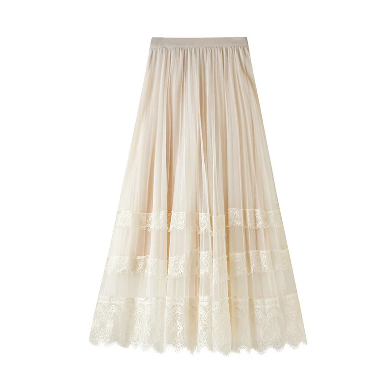 Nigikala Nigikala Skirt 2025 Spring Korean Version Of The New High-Waisted Lace Splicing Mesh Dress Female Hundred Folded Skirt A-Word Long Dress 8585