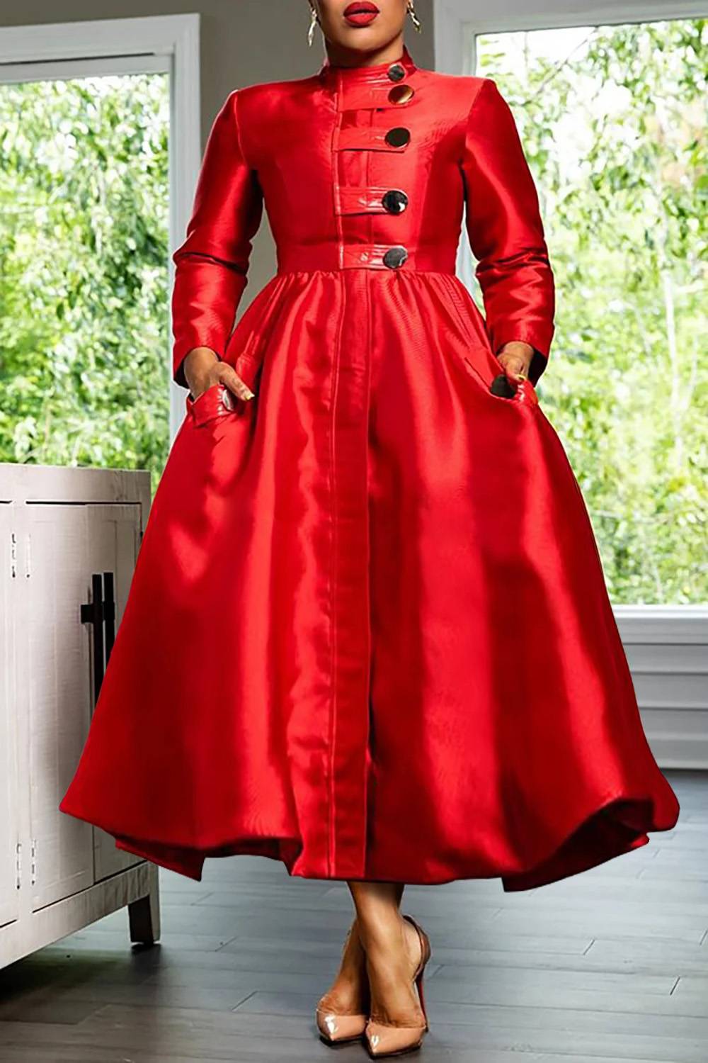 Plus Size Formal Dress Red A-Line Mock Neck Button Maxi Dress