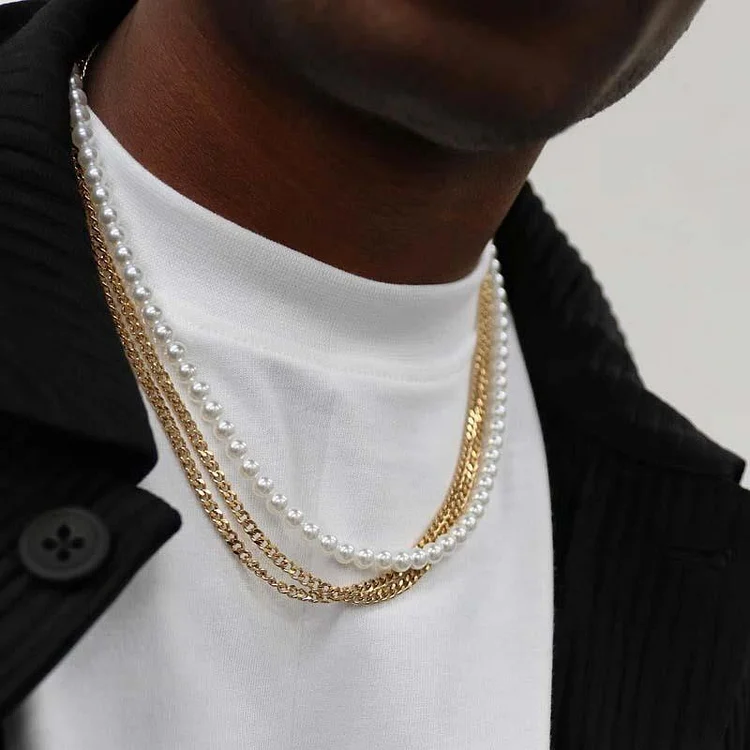 Pearl Chain&Gold Cuban Chain Set Necklace Men's Hip Hop Jewelry
