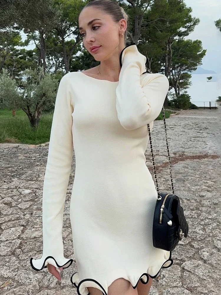 Fashion Women's Knit Mini Dress Ruffled High Waist Elegant Slim Party Dress Patchwork Knitwear Sweater Dress