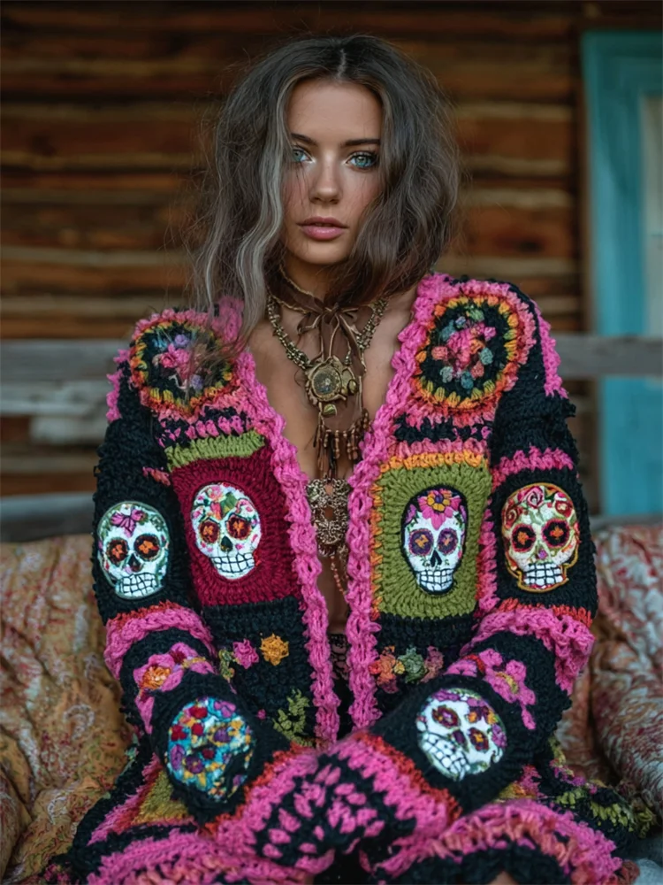 Boho Day Of The Dead Sugar Skulls Floral Crochet Cozy Cardigan